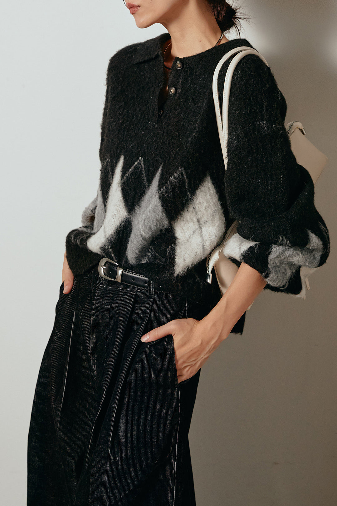 [SET]アーガイル柄ポロニットトップス+フロントタック入りコーデュロイパンツ(2set)