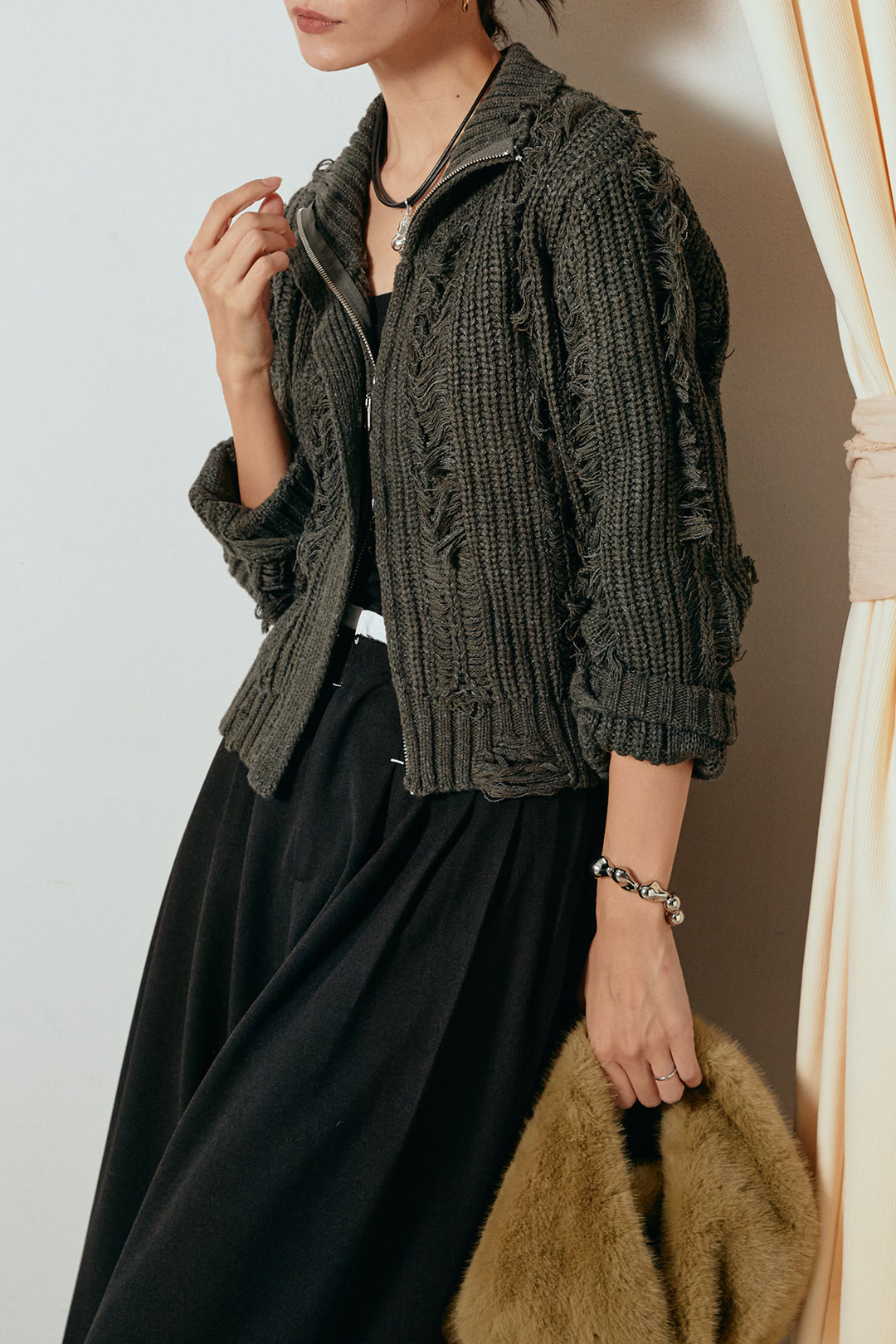 [SET]ハイネックフリンジジップニットトップス+ウエストステッチデザインワイドスラックス(2set)