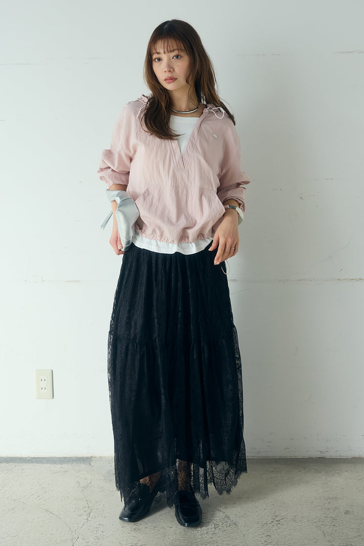 [SET]レイヤードデザインフーディートップス+ひげレース切替ロング丈スカート(2set)