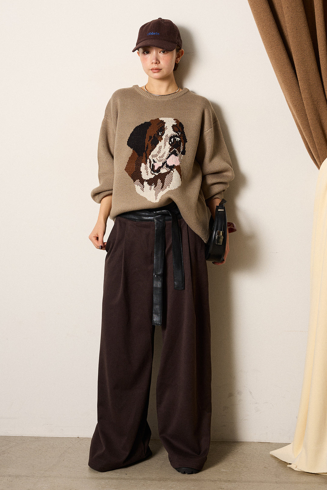 [SET]アニマルジャガード柄ニットトップス+巻ベルトウエストレザーライクワイドパンツ(2set)