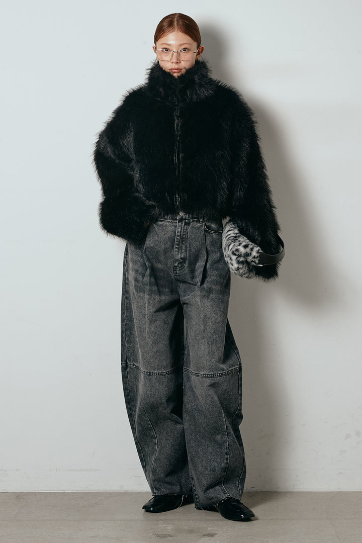 [SET]エコファーショート丈ブルゾン+加工デニムタックコクーンワイドパンツ(2set)