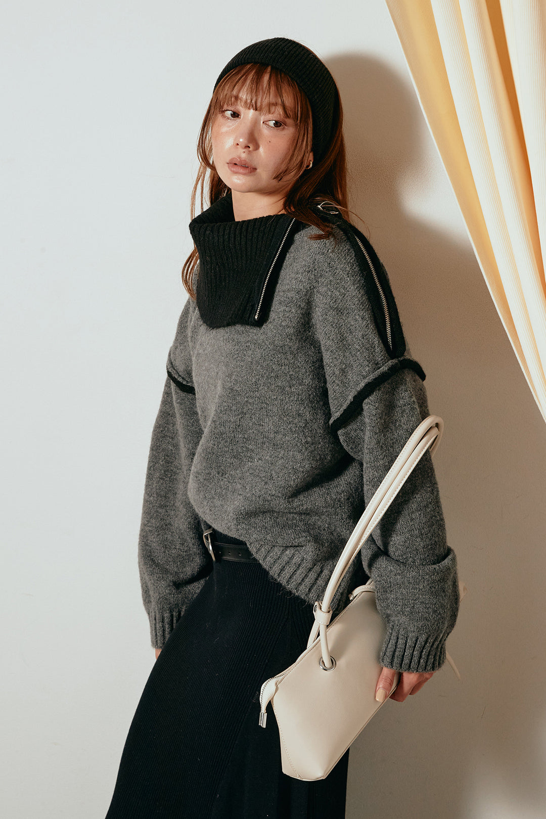 [SET]ハイネックジップデザインニットトップス+サイド切り替えリブニットロングスカート(2set)