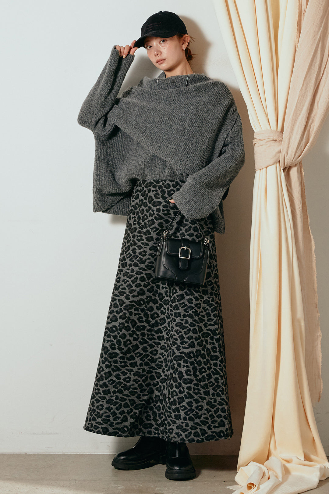 [SET]ケープデザインリブニットトップス+レオパードロングスカート(2set)