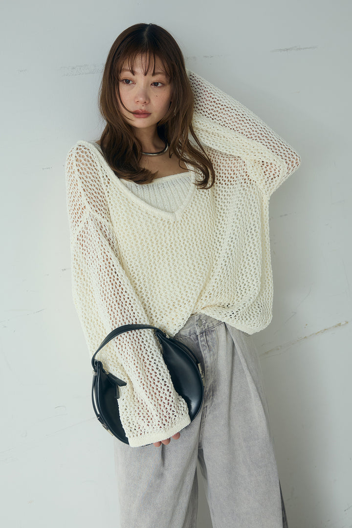 [SET]メッシュ編みビスチェセットVネックプルオーバー+カラーデニムタックカーブパンツ(2set)