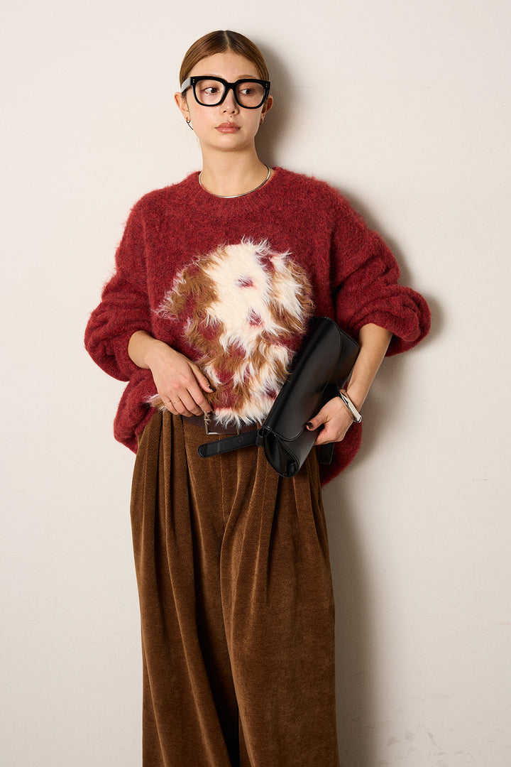 [SET]シャギーニュアンスアニマルニット+ベルトループコーデュロイワイドパンツ(2set)