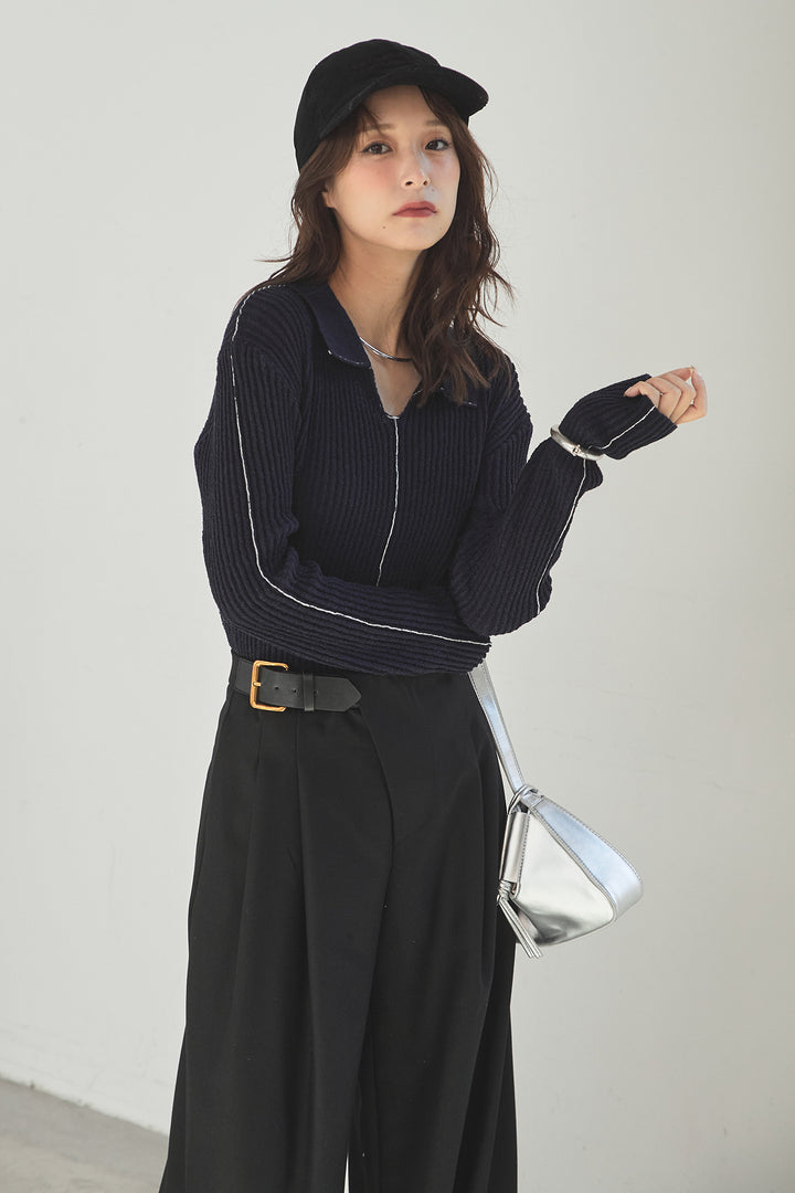 [SET]衿付きニットプルオーバー+サイドベルトタック入りスラックス(2set)