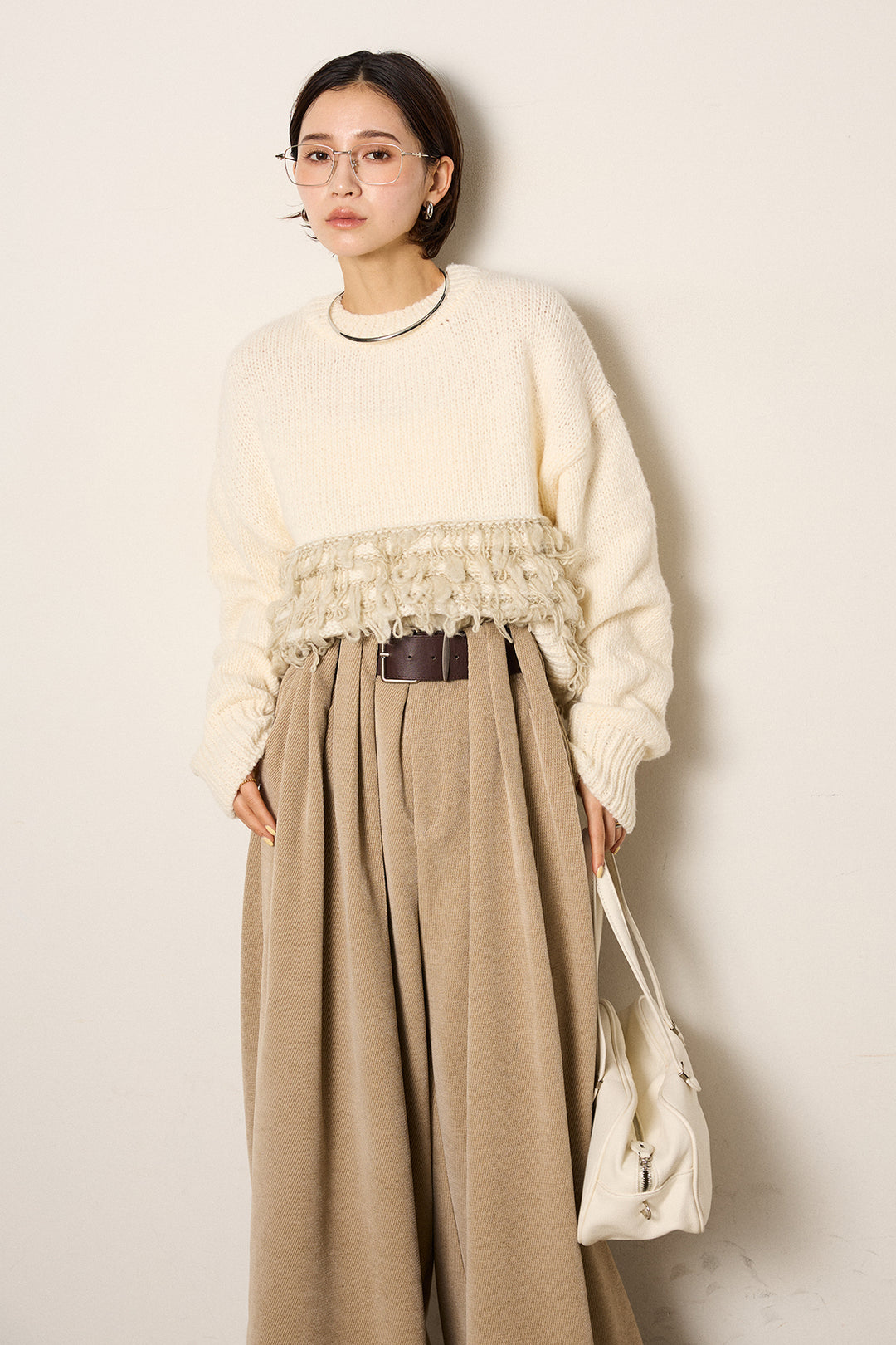 [SET]ループ編み切り替えニットプルオーバー+ベルトループコーデュロイワイドパンツ(2set)