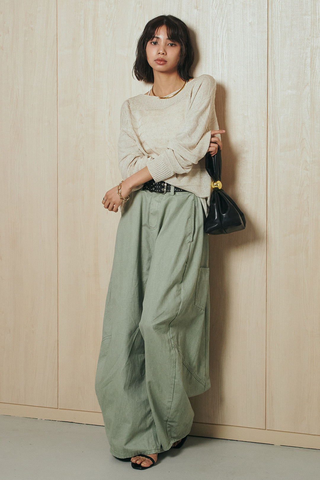 [SET]麻混リラックスニットトップス+ベルト付きカラーデニムパンツ(2set)