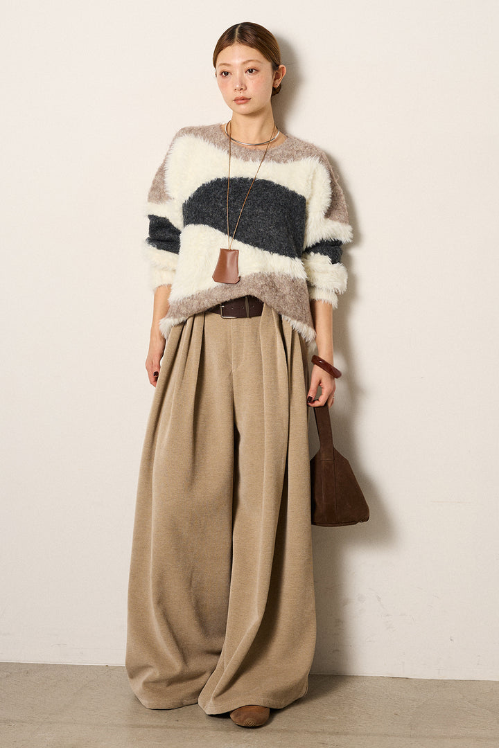 [SET]シャギーウェーブ柄クルーネックニットトップス+ベルトループコーデュロイワイドパンツ(2set)