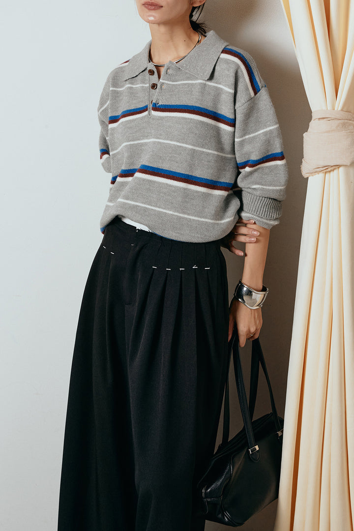 [SET]襟付きマルチボーダーニットポロトップス+ウエストステッチデザインワイドスラックス(2set)