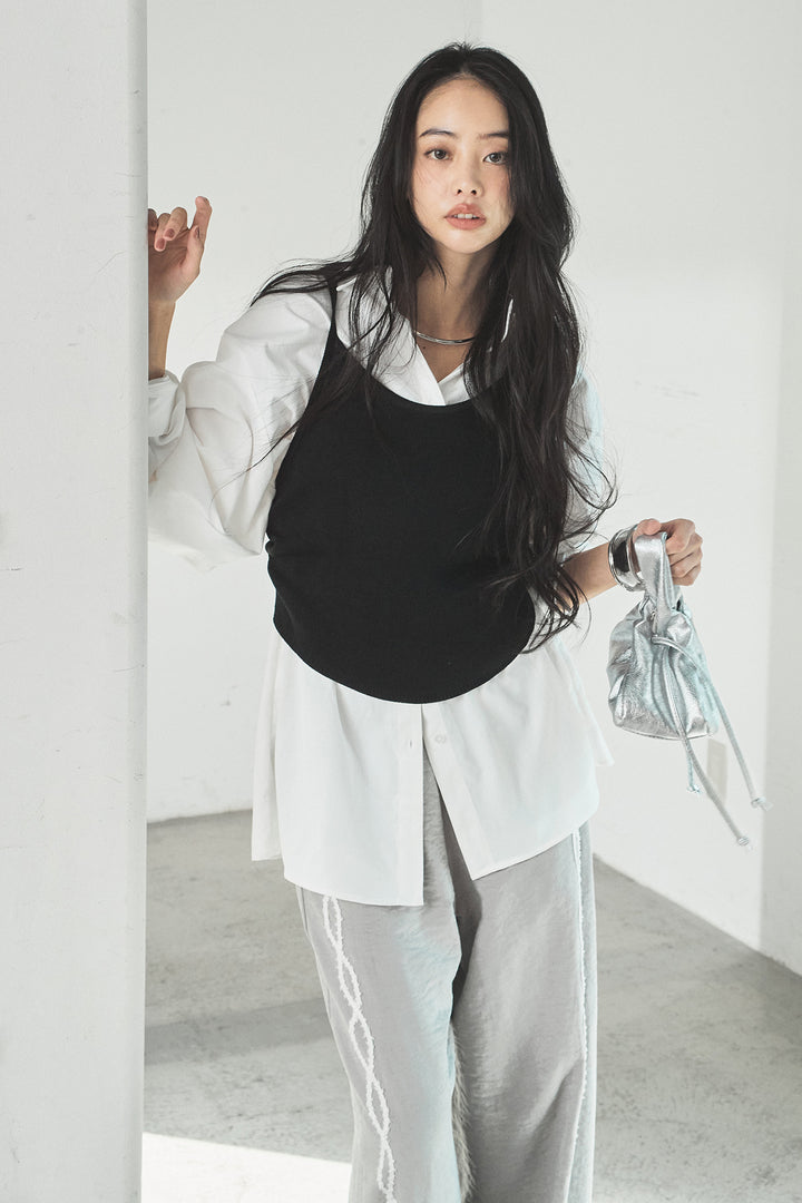 [SET]ニットキャミ付きシャツ+刺繡テープラインパンツ(2set)