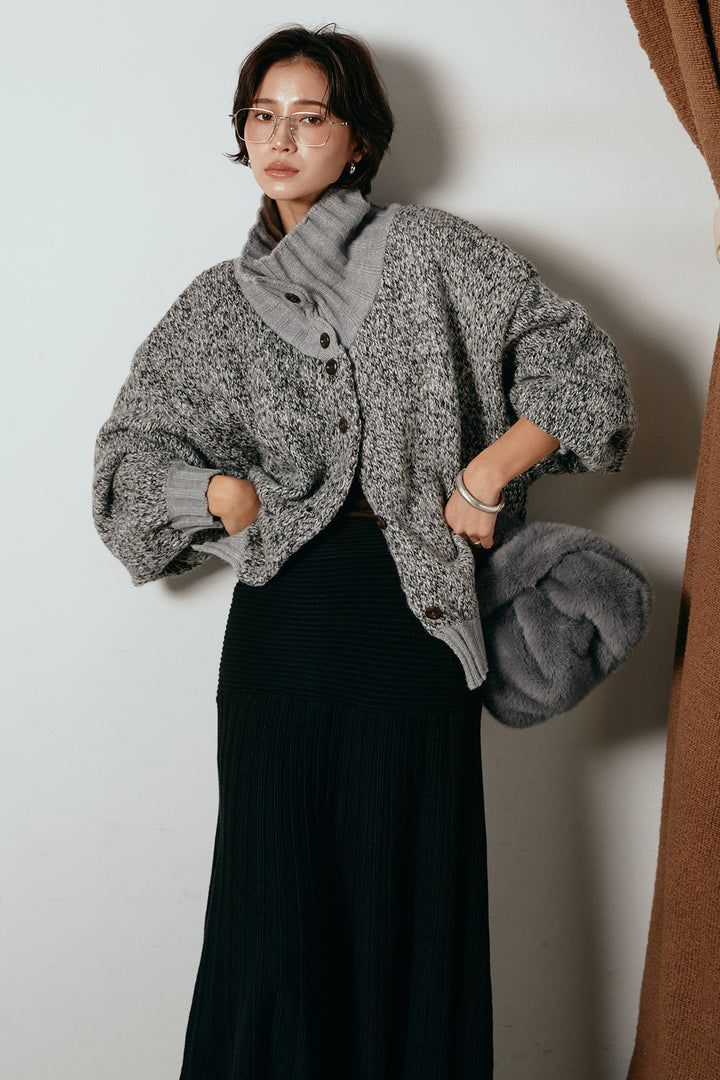[SET]ハイネックミックスニットカーディガン+編み地切り替えフレアニットスカート(2set)