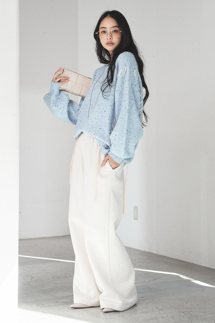 [SET]ネップ編み上げニットトップス+裏起毛スウェットワイドパンツ(2set)