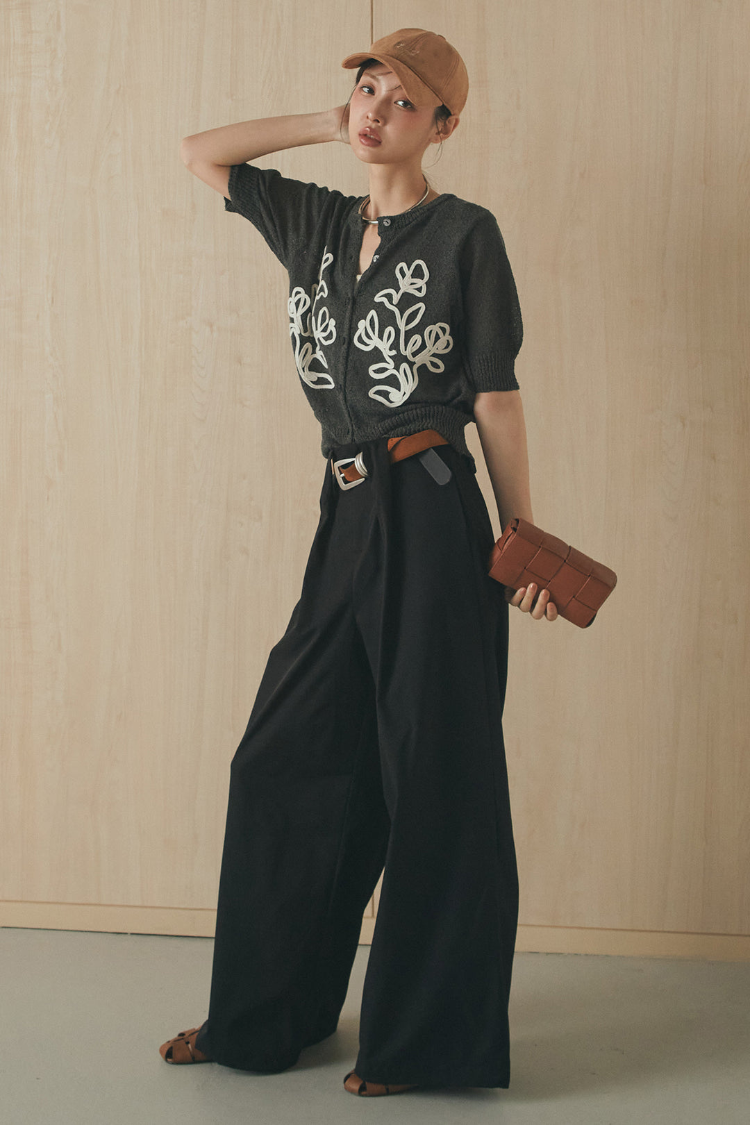 [SET]フロントテープデザイン半袖カーディガン+ベルトループデザインハイウエストタックパンツ(2set)