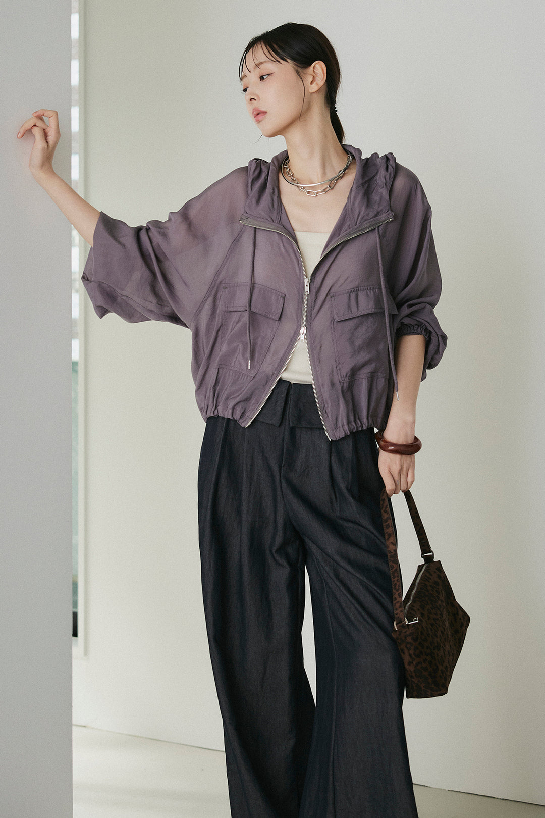 [SET]裾ドロストシアーWジップフーディーブルゾン+ウエスト折り返しワイドパンツ(2set)