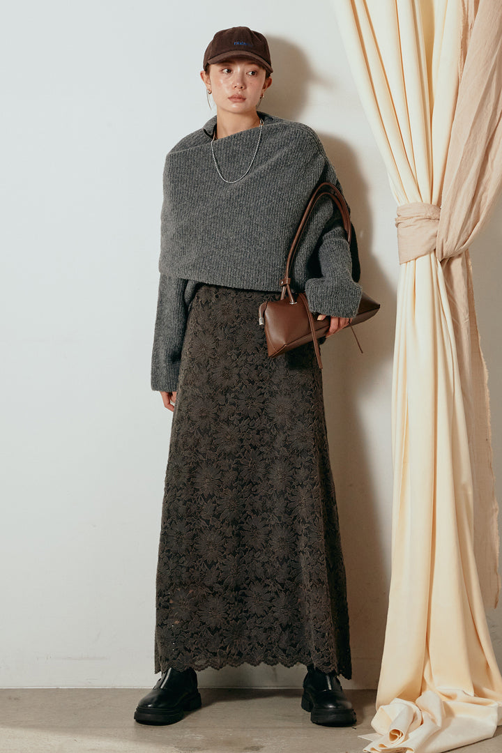 [SET]ケープデザインリブニットトップス+花柄刺繍ベロアフレアスカート(2set)