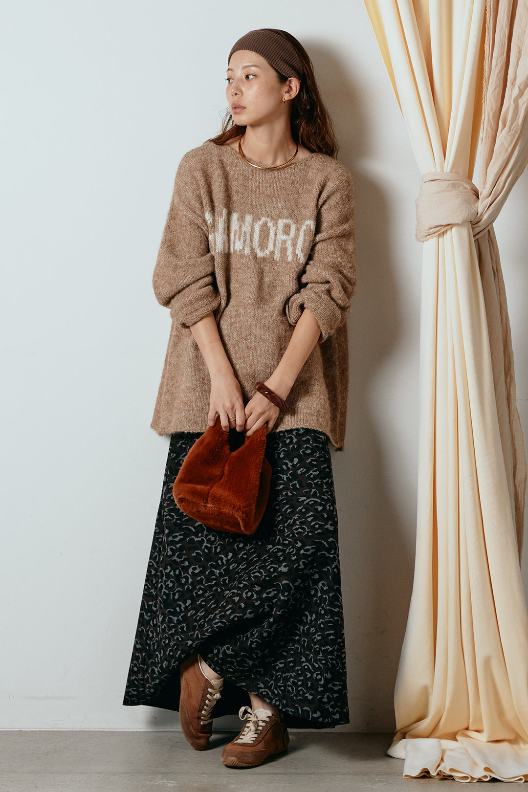 [SET]フロントロゴデザインニットトップス+レオパードロングスカート(2set)