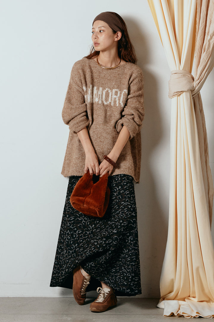 [SET]フロントロゴデザインニットトップス+レオパードロングスカート(2set)