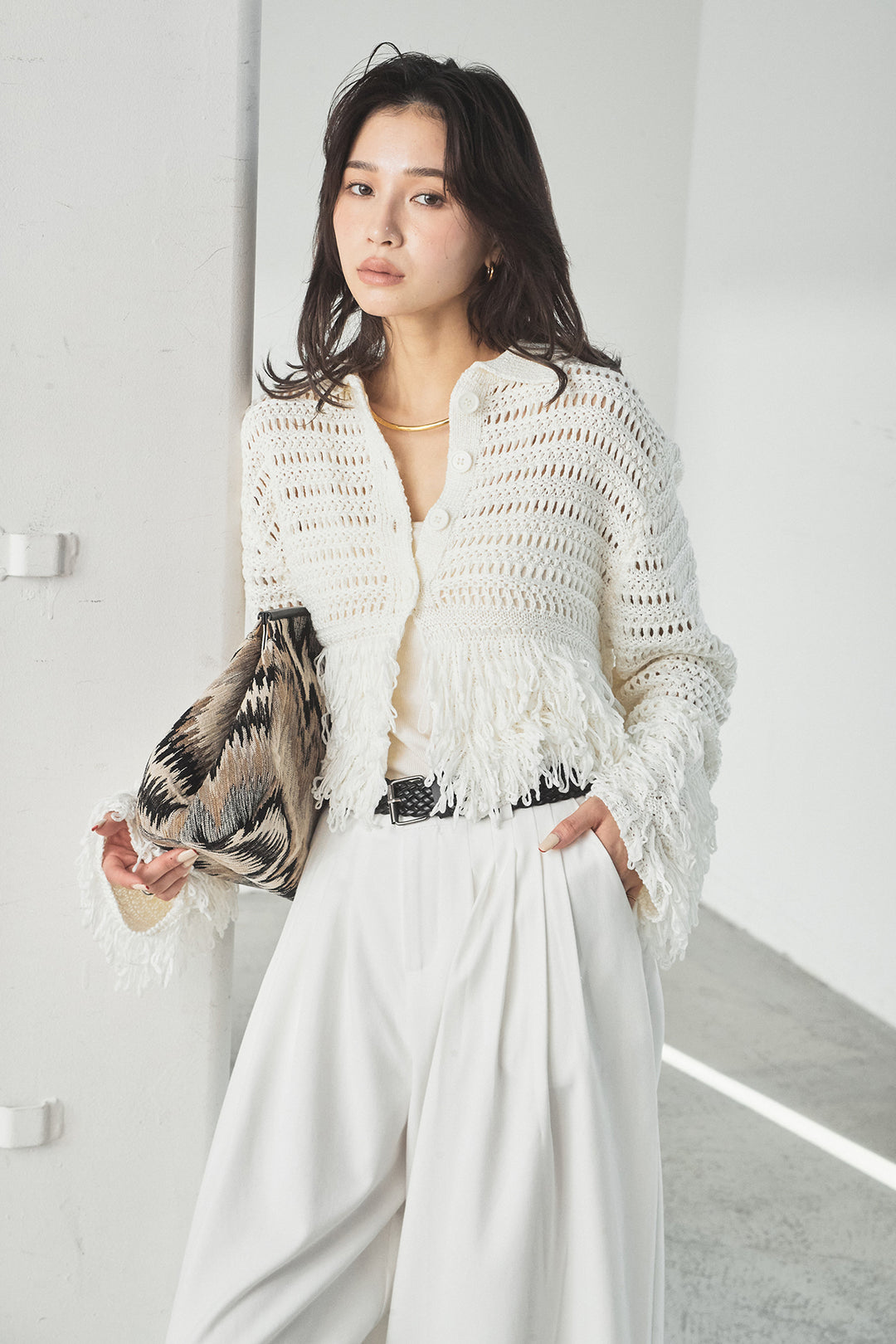 [SET]メッシュフリンジカーディガン+編みベルト付きウエストタックワイドパンツ(2set)