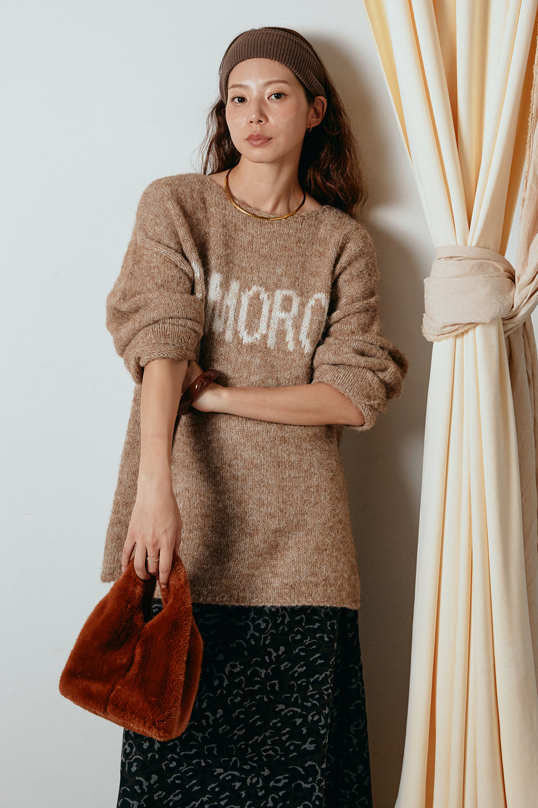 [SET]フロントロゴデザインニットトップス+レオパードロングスカート(2set)