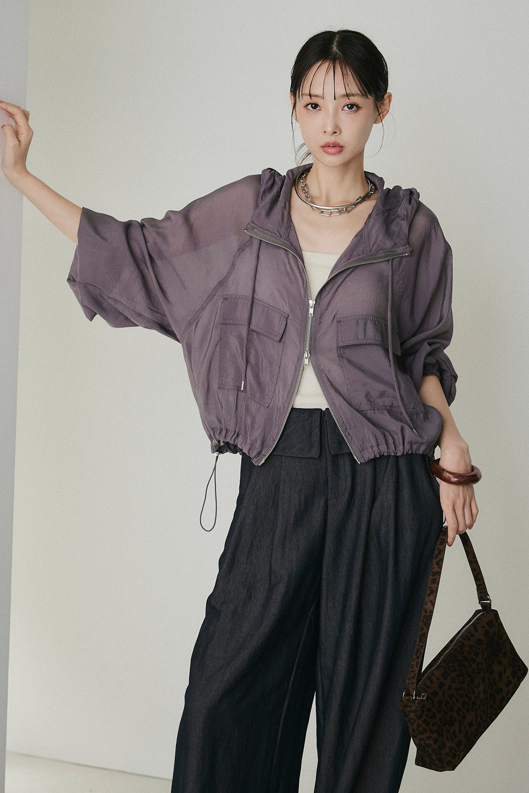 [SET]裾ドロストシアーWジップフーディーブルゾン+ウエスト折り返しワイドパンツ(2set)