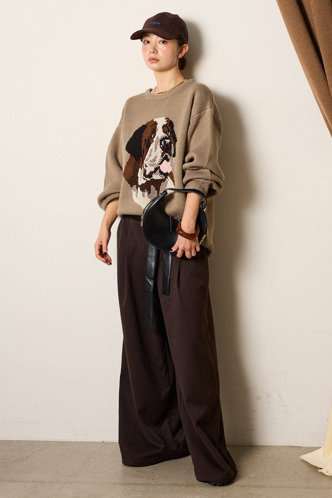 [SET]アニマルジャガード柄ニットトップス+巻ベルトウエストレザーライクワイドパンツ(2set)