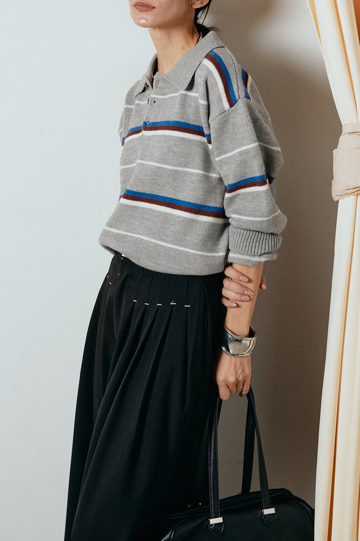 [SET]襟付きマルチボーダーニットポロトップス+ウエストステッチデザインワイドスラックス(2set)