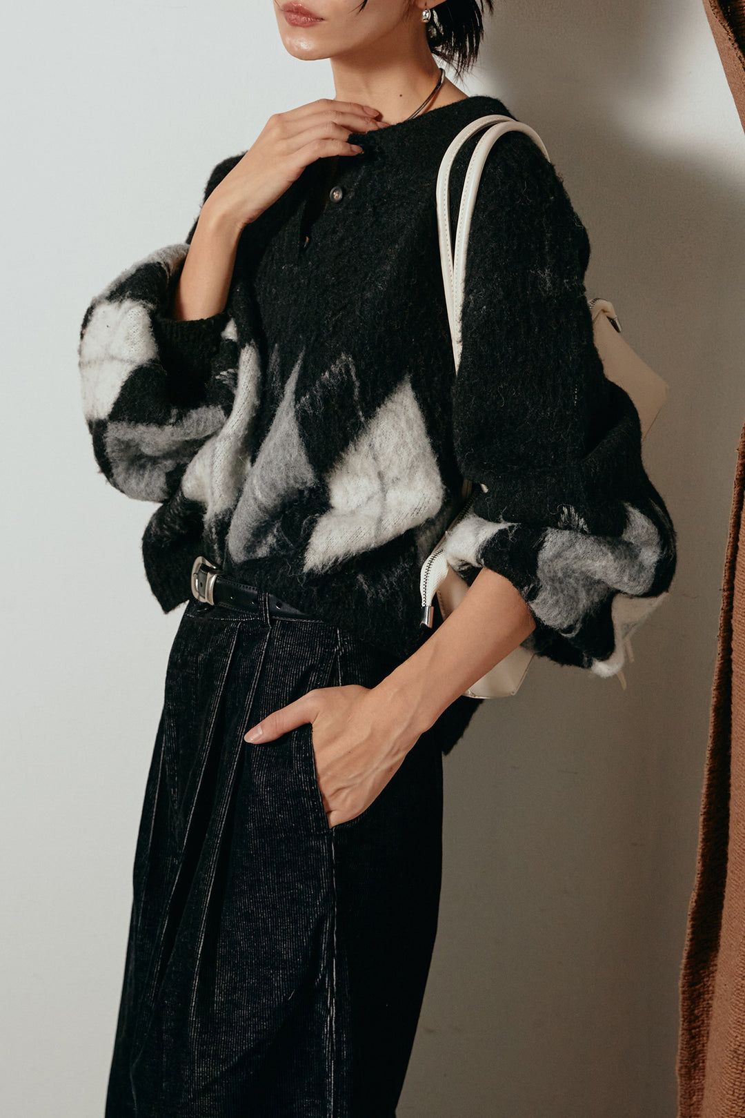 [SET]アーガイル柄ポロニットトップス+フロントタック入りコーデュロイパンツ(2set)