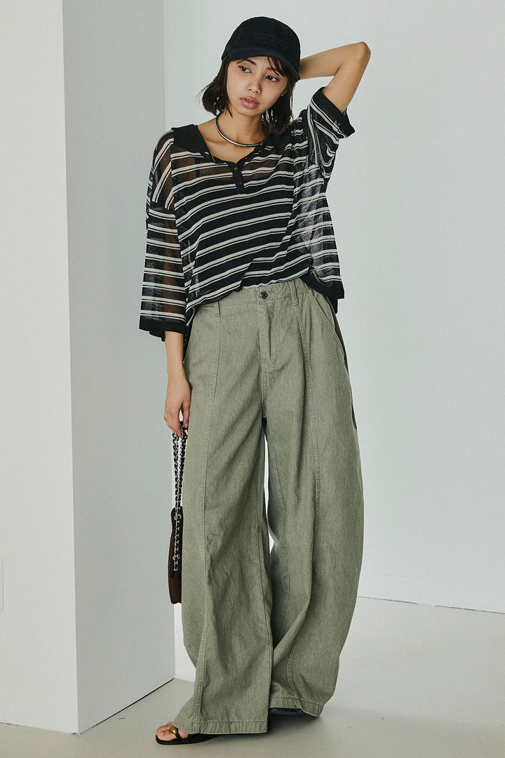 [SET]ボーダーニットポロシャツ+サイドベルトカーブワイドパンツ(2set)