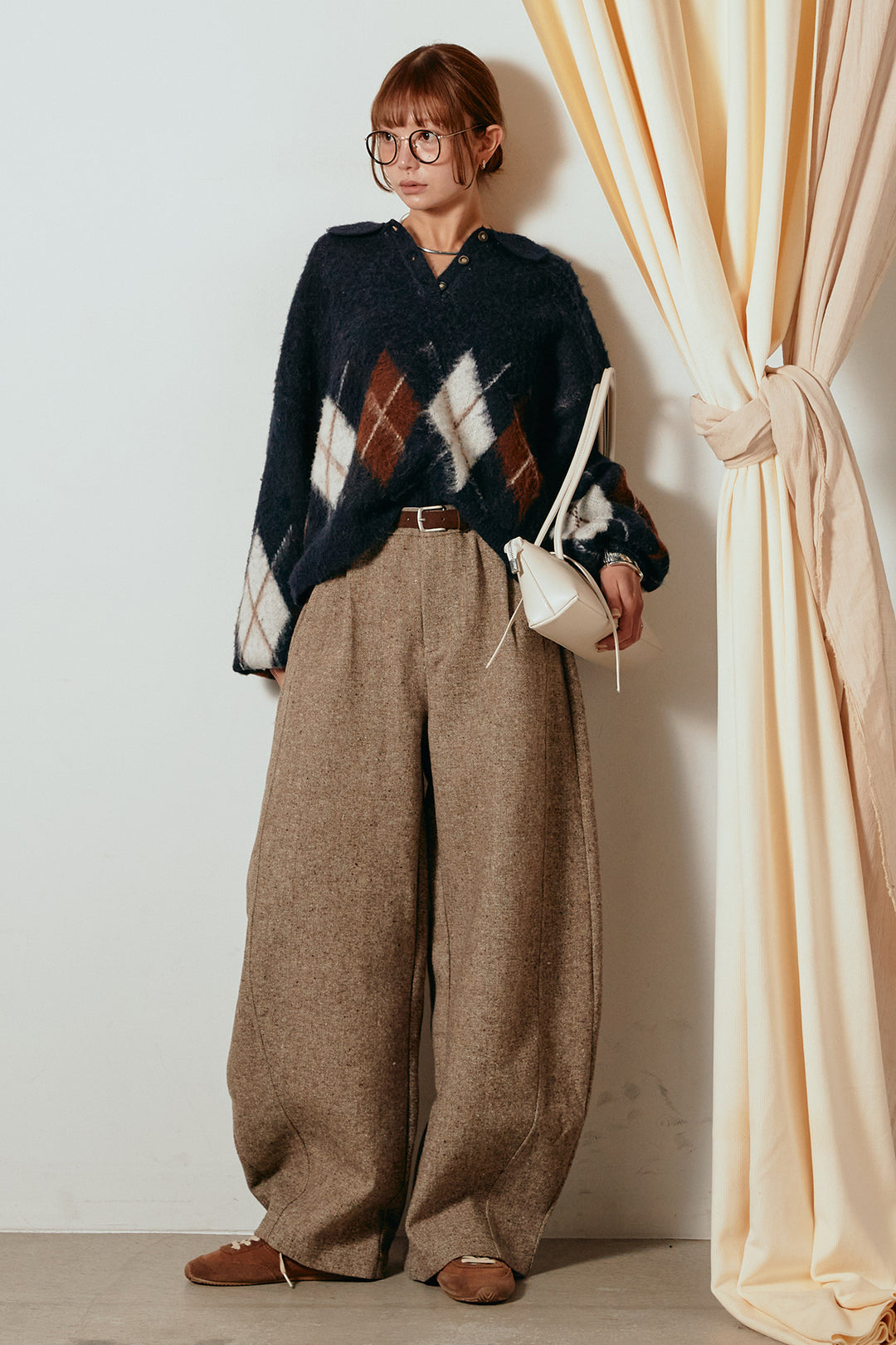 [SET]アーガイル柄ポロニットトップス+ベルト付きネップツイードカーブパンツ(2set)