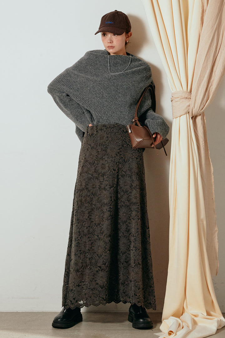 [SET]ケープデザインリブニットトップス+花柄刺繍ベロアフレアスカート(2set)