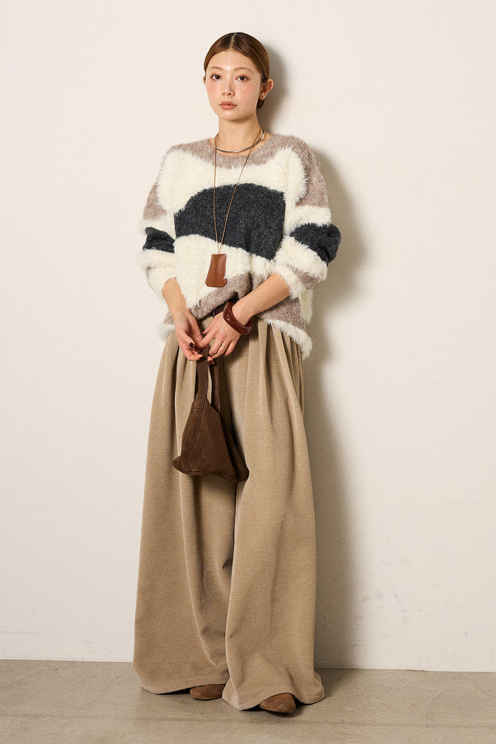 [SET]シャギーウェーブ柄クルーネックニットトップス+ベルトループコーデュロイワイドパンツ(2set)