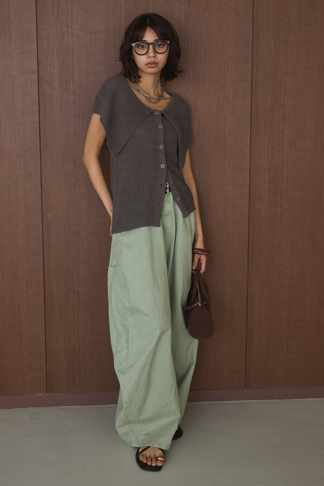 [SET]ビッグカラーボタンニットトップス+ベルト付きカラーデニムパンツ(2set)