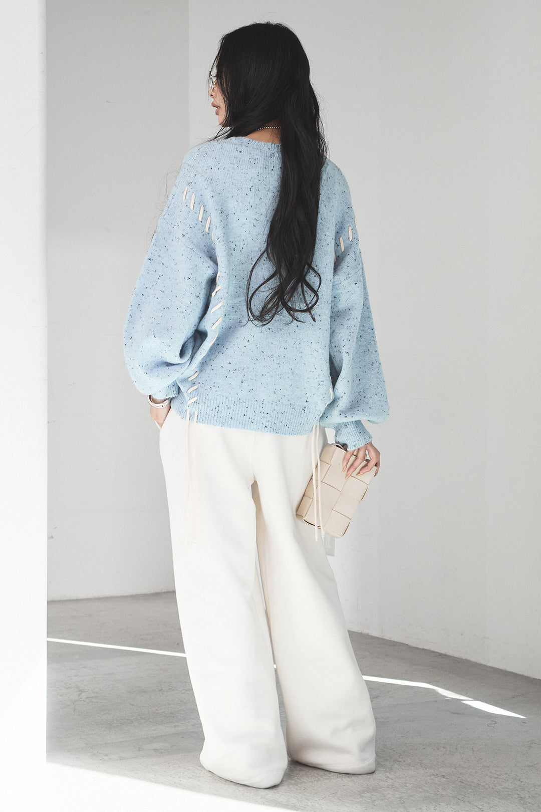 [SET]ネップ編み上げニットトップス+裏起毛スウェットワイドパンツ(2set)