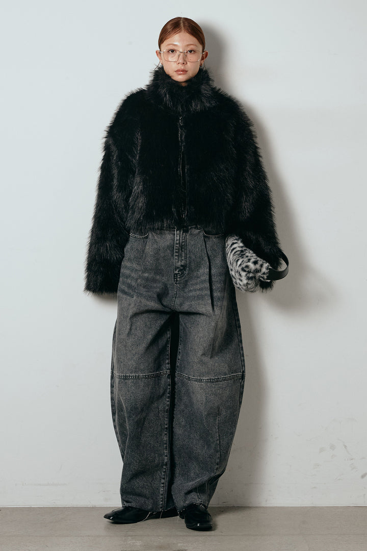 [SET]エコファーショート丈ブルゾン+加工デニムタックコクーンワイドパンツ(2set)