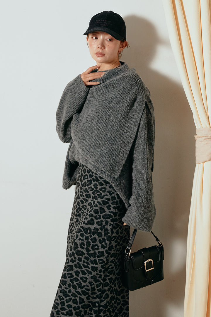 [SET]ケープデザインリブニットトップス+レオパードロングスカート(2set)