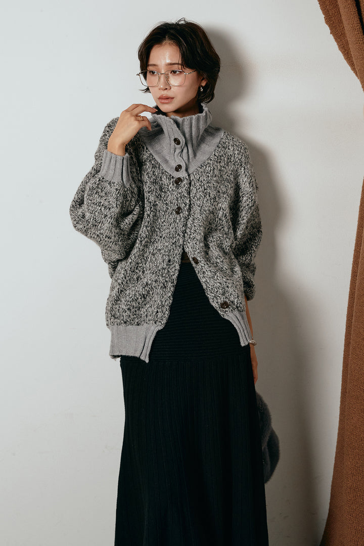 [SET]ハイネックミックスニットカーディガン+編み地切り替えフレアニットスカート(2set)