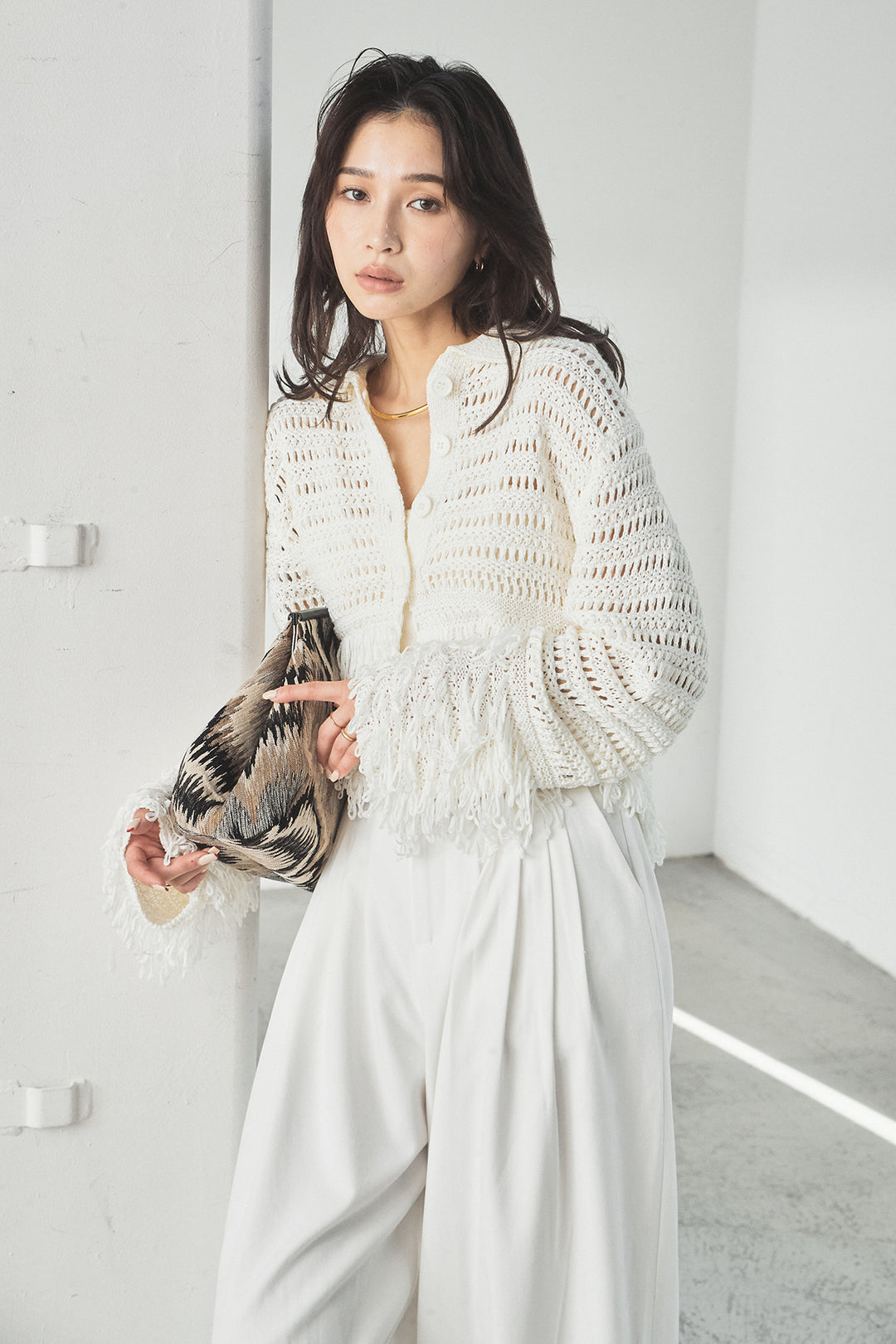 [SET]メッシュフリンジカーディガン+編みベルト付きウエストタックワイドパンツ(2set)
