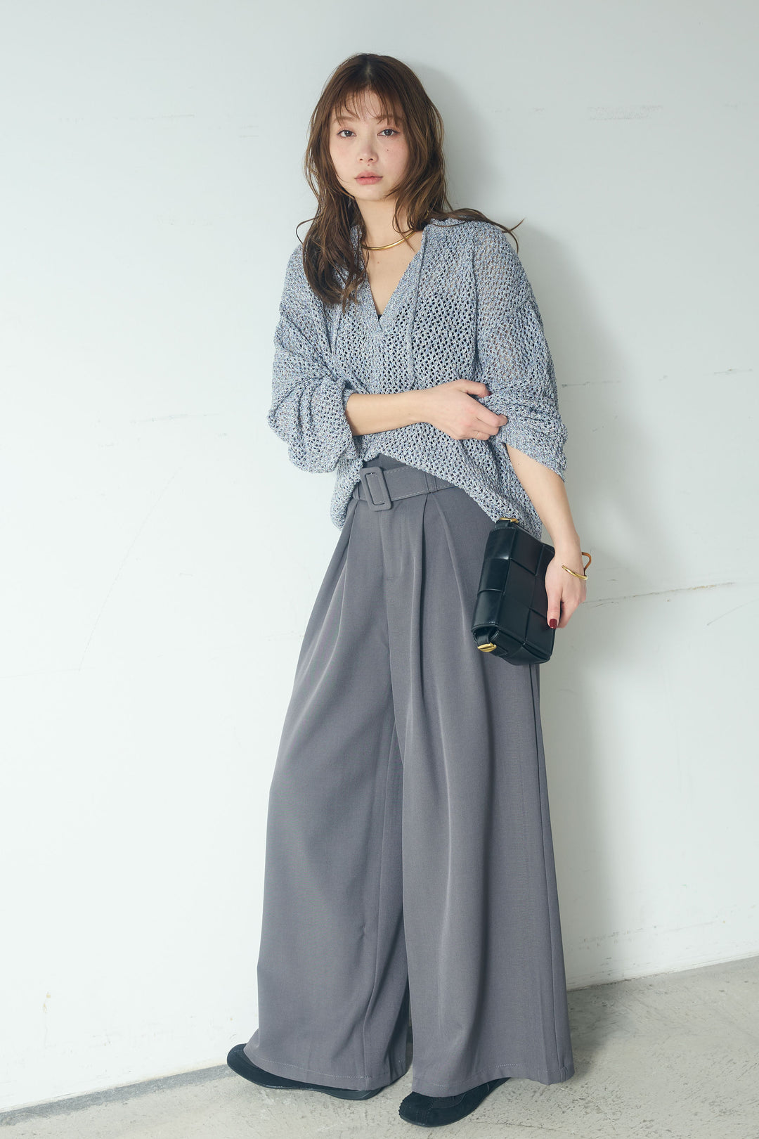 【即納】ミックスメッシュキーネックプルオーバー