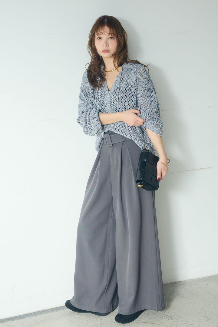 【即納】ミックスメッシュキーネックプルオーバー