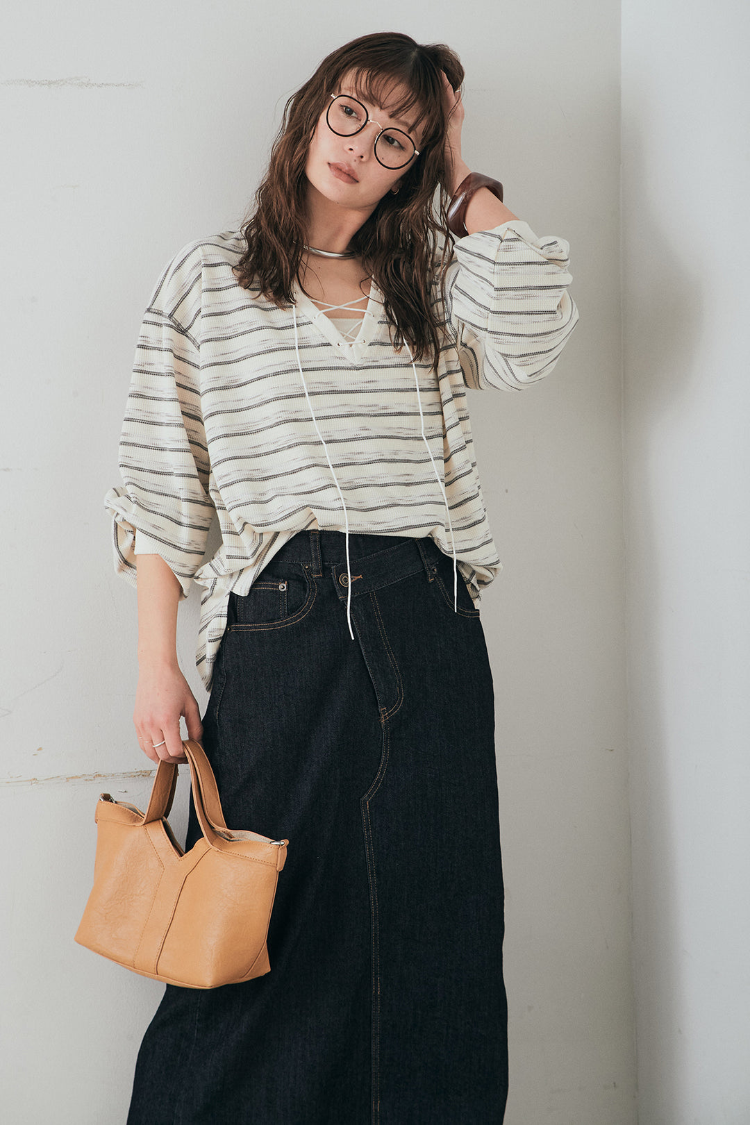 [SET]レースアップワッフルボーダートップス+ウエストクロスデニムタイトスカート(2set)