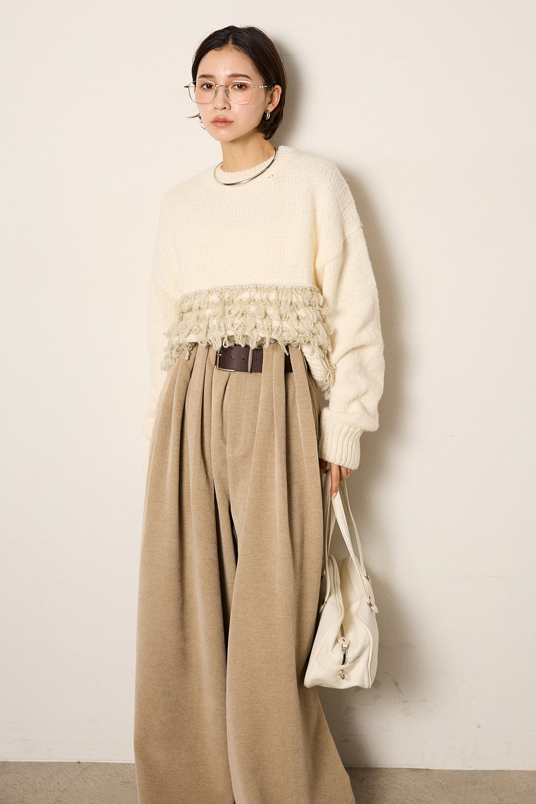 [SET]ループ編み切り替えニットプルオーバー+ベルトループコーデュロイワイドパンツ(2set)