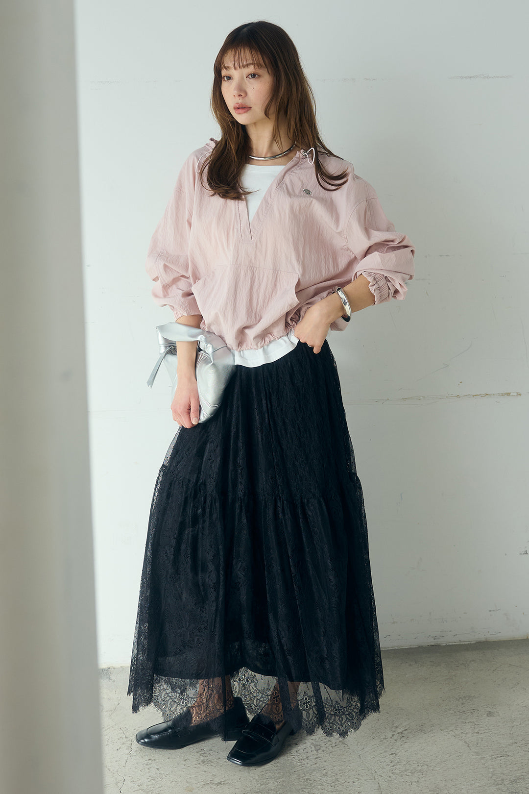 [SET]レイヤードデザインフーディートップス+ひげレース切替ロング丈スカート(2set)