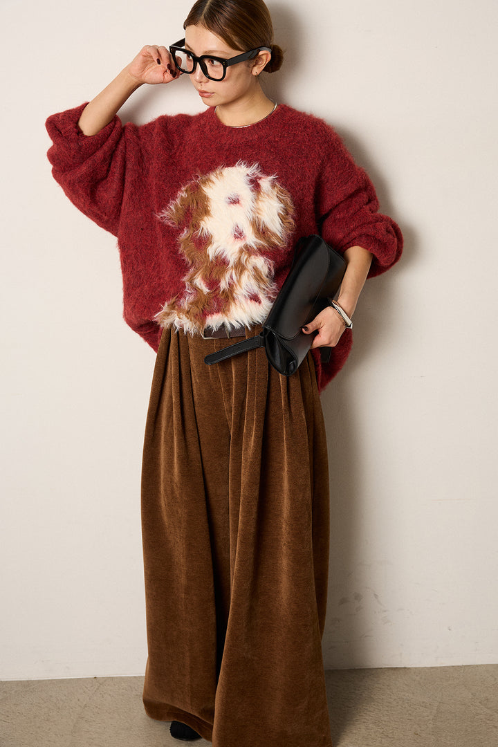 [SET]シャギーニュアンスアニマルニット+ベルトループコーデュロイワイドパンツ(2set)