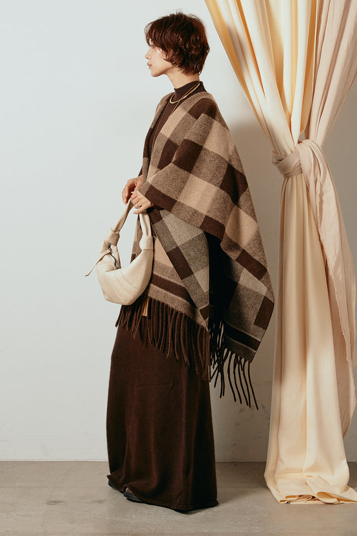 [SET]裾フリンジ柄ポンチョアウター+ノースリーブニットロングワンピース(2set)