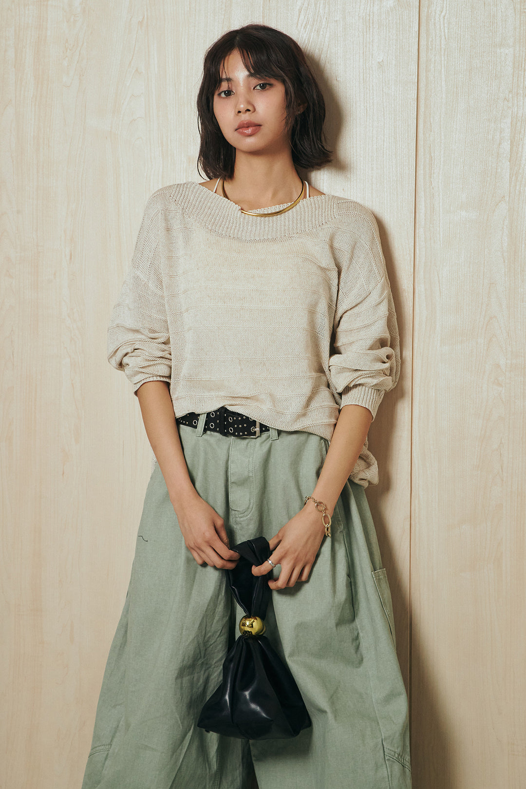 [SET]麻混リラックスニットトップス+ベルト付きカラーデニムパンツ(2set)