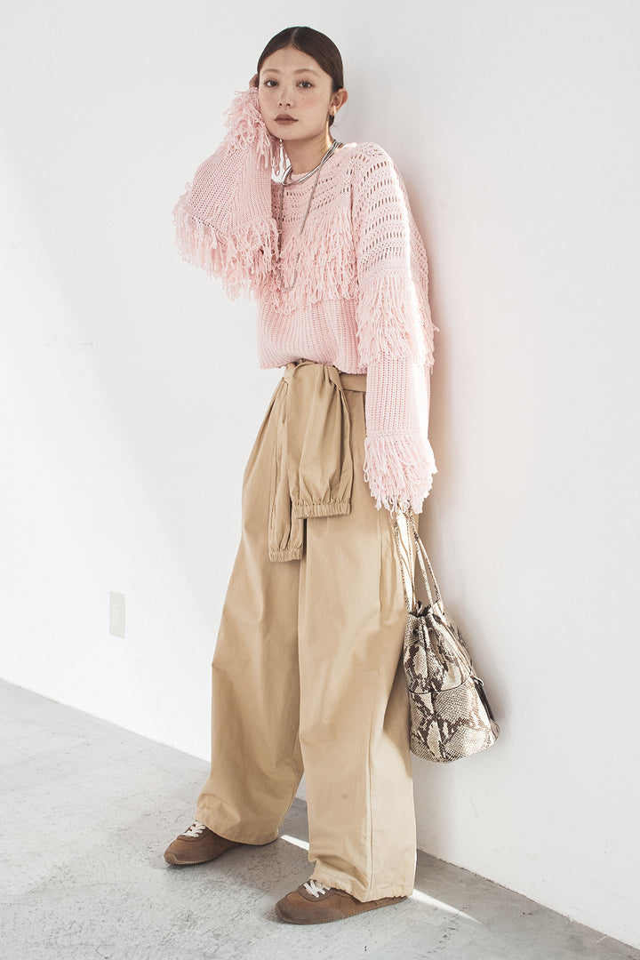 [SET]メッシュフリンジ切り替えプルオーバー+合繊ツイルスタンドウエスト巻きジョガーパンツ(2set)