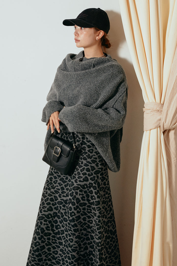 [SET]ケープデザインリブニットトップス+レオパードロングスカート(2set)
