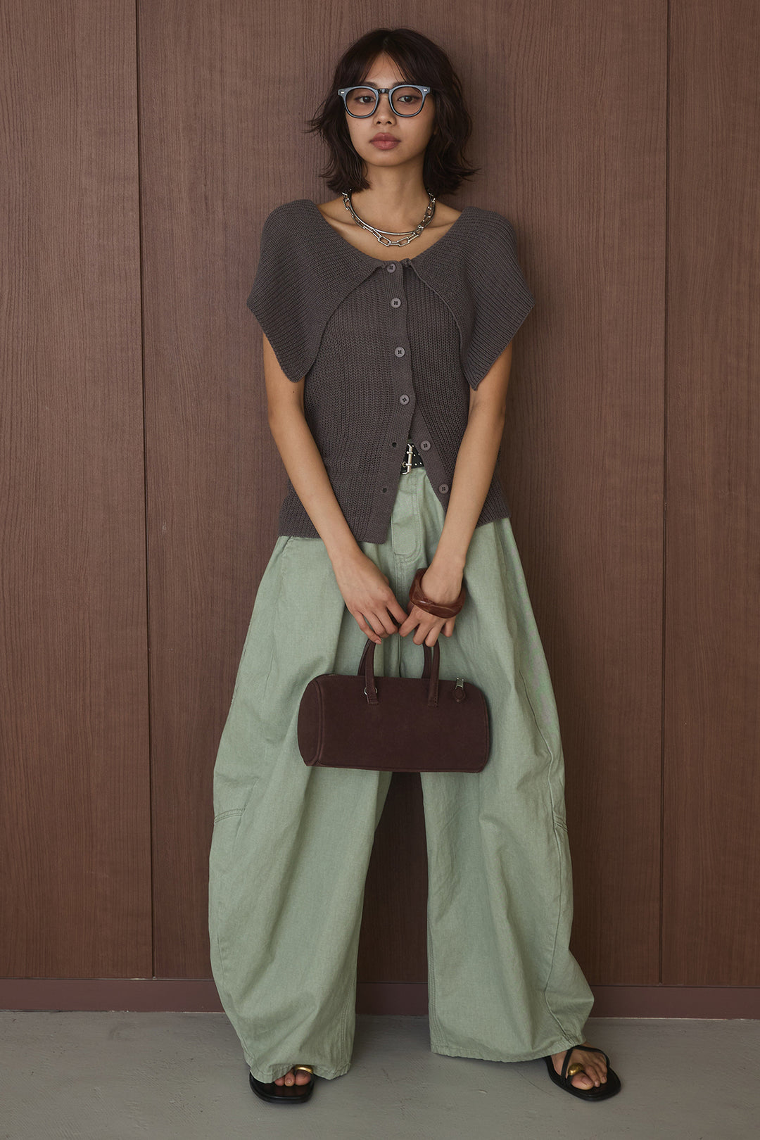 [SET]ビッグカラーボタンニットトップス+ベルト付きカラーデニムパンツ(2set)