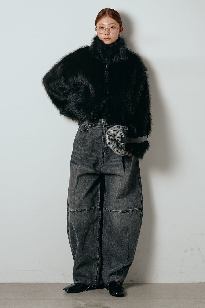 [SET]エコファーショート丈ブルゾン+加工デニムタックコクーンワイドパンツ(2set)